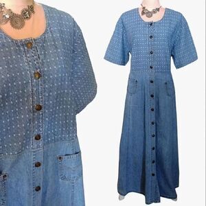 VTG 90s Blue Short Sleeve Button Front Cottagecore Jean Maxi Dress Plussize 20